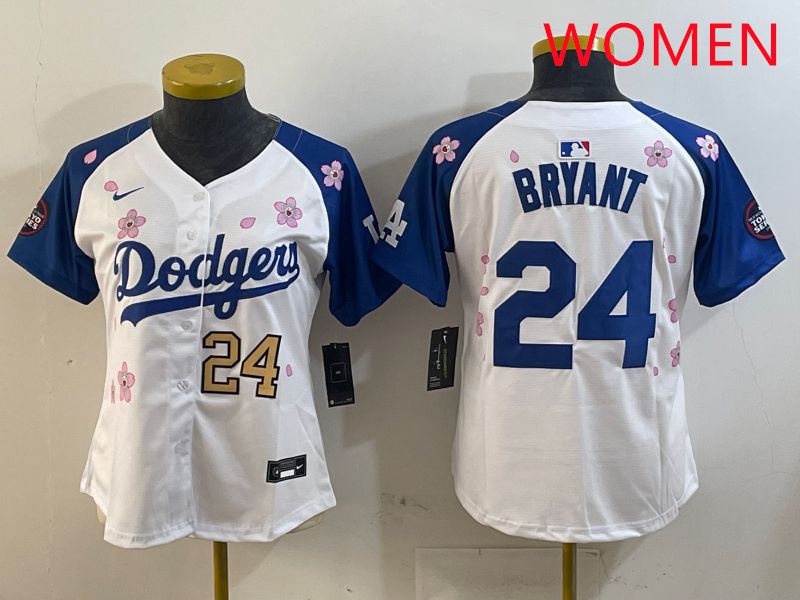 Women Los Angeles Dodgers #24 Bryant White Blue Sakura Edition 2025 Nike MLB Jersey style 13